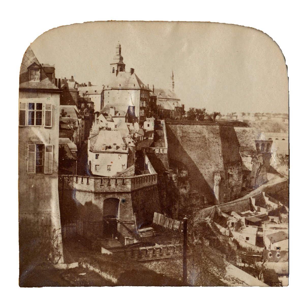 Chateau de Luxembourg viewed from Porte du Grund with Luxembourg Fortress ruins, Méchelskierch church, Schlassbréck bridge and Bock rock fortifications in background