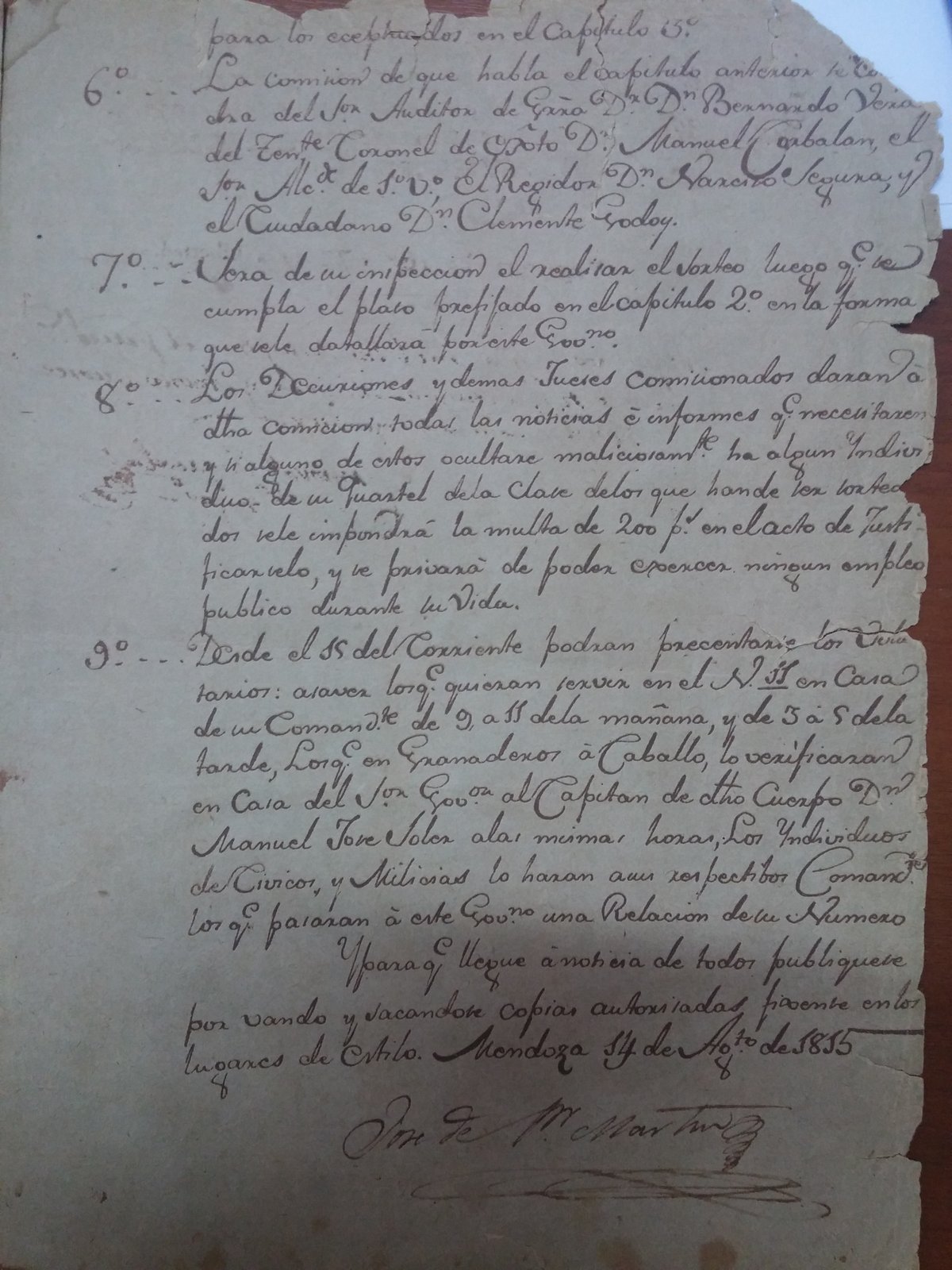 Historic document signed by San Martín featuring the 'Bando Histórico de 1815'