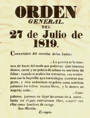 Historic handwritten order from José de San Martín to the Army of the Andes dated July 27, 1819