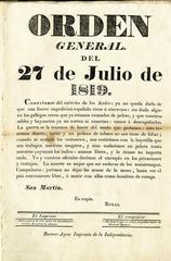 Order of San Martín from 1819 commanded by General José de San Martín to the Ejército de los Andes