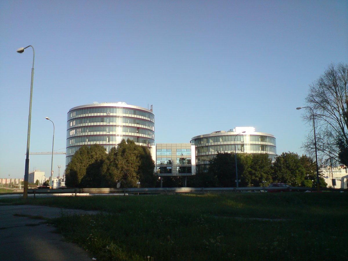 Administrative center building in Petržalka under blue sky