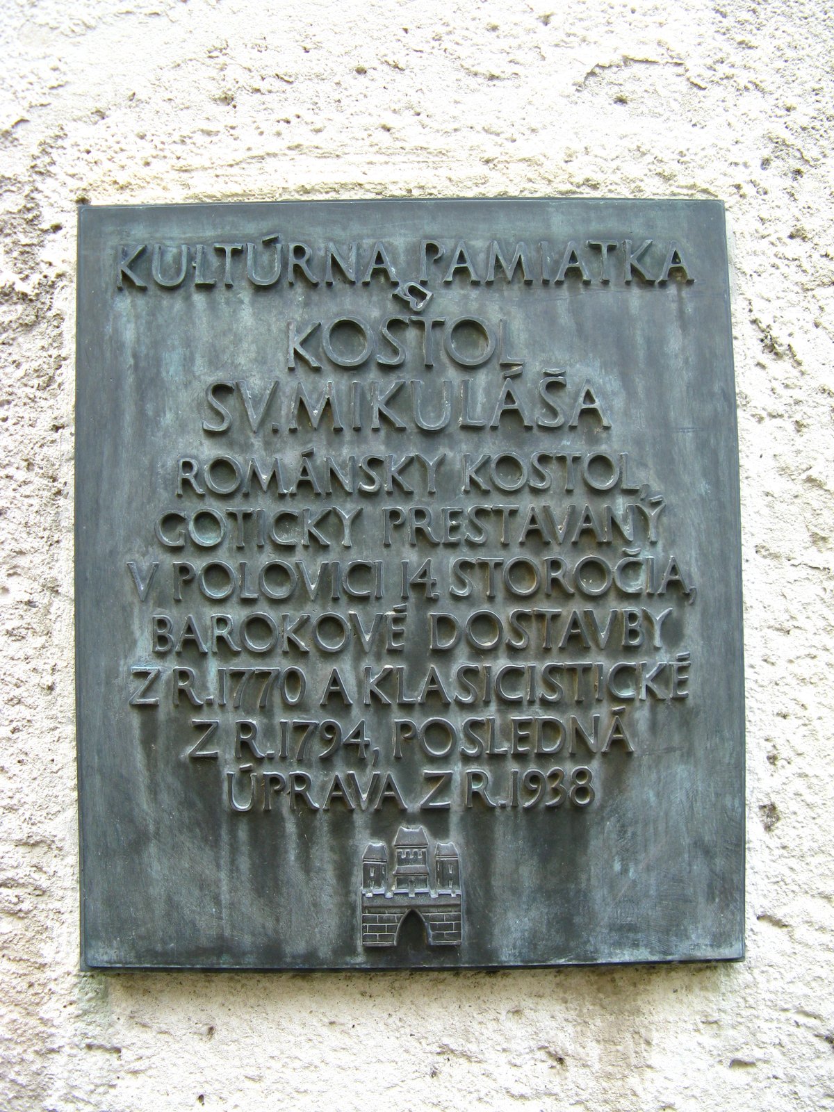 Informative plaque about architectural changes of Church of St. Nicholas in Bratislava Podunajské Biskupice