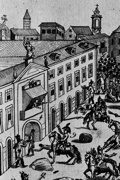 Rossio Square during the Feast of Corpus Christi 1808 with French soldiers abandoning weapons and artillery in turmoil and terror