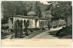Historical black and white photograph of Waldquelle in Marienbad from 1904 showing a serene natural spring surrounded by trees