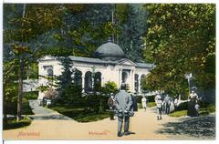Historic black and white photo of Waldquelle spring in Marienbad 1913