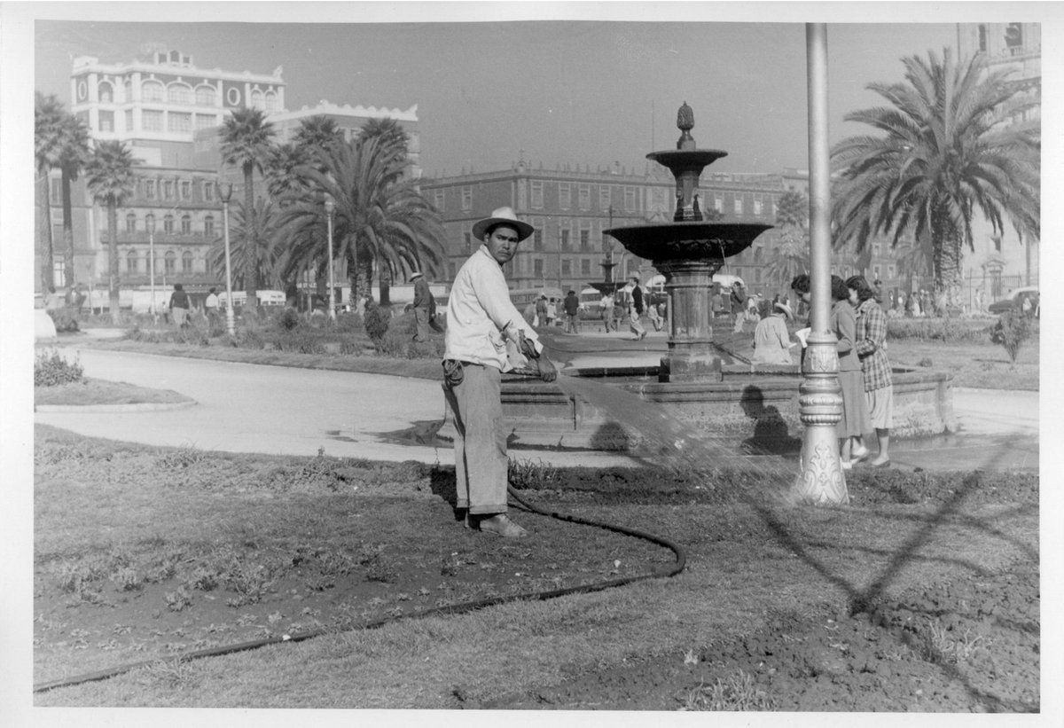 Antique photograph of a historical square in Mexico City with ridged soil beds