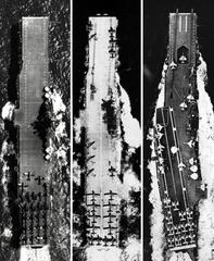 Three deck views of USS Intrepid aircraft carrier in 1945, 1955, and 1959 showing different modernization stages