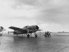 U.S. Navy Grumman F6F-3 Hellcat of VF-9 taking off from USS Essex during Operation Hailstone, 1944