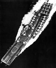 Overhead view of U.S. Navy aircraft carrier USS Intrepid (CVS-11) underway in 1966