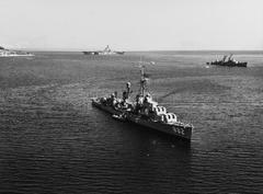 USS Furse DDR-882 radar-picket destroyer anchored off Corfu Greece with USS Intrepid CVA-11 aircraft carrier and USS Du Pont DD-941 destroyer in distance