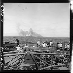 USS Intrepid CV-11 after being hit by a Japanese plane in suicide dive in the Pacific during World War II