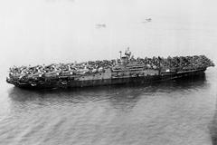 USS Intrepid aircraft carrier underway near San Francisco in February 1945 with deck full of planes