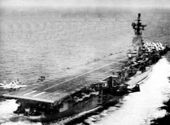 Douglas AD-5W Skyraider of U.S. Navy VAW-12 landing on aircraft carrier USS Intrepid in 1956