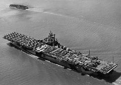 USS Intrepid aircraft carrier underway off Naval Shipyard Hunters Point in 1944 with deck full of planes