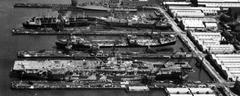 USS Intrepid aircraft carrier undergoing SCB-27C modernization at Newport News Shipbuilding in early 1950s