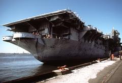 Starboard quarter view of the docked anti-submarine warfare support aircraft carrier USS Intrepid CV-11 in Bayonne, New Jersey