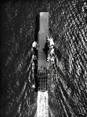 Aerial view of USS Intrepid aircraft carrier underway at sea in 1945