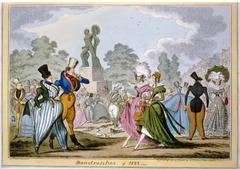 Satirical hand-coloured etching depicting the fashion 'monstrosities' of 1822 with fashionable figures promenading Hyde Park, the Achilles statue and Park Lane houses in background