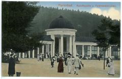Historic black and white photo of Rudolfsquelle and Ferdinandsbrunnen in Marienbad