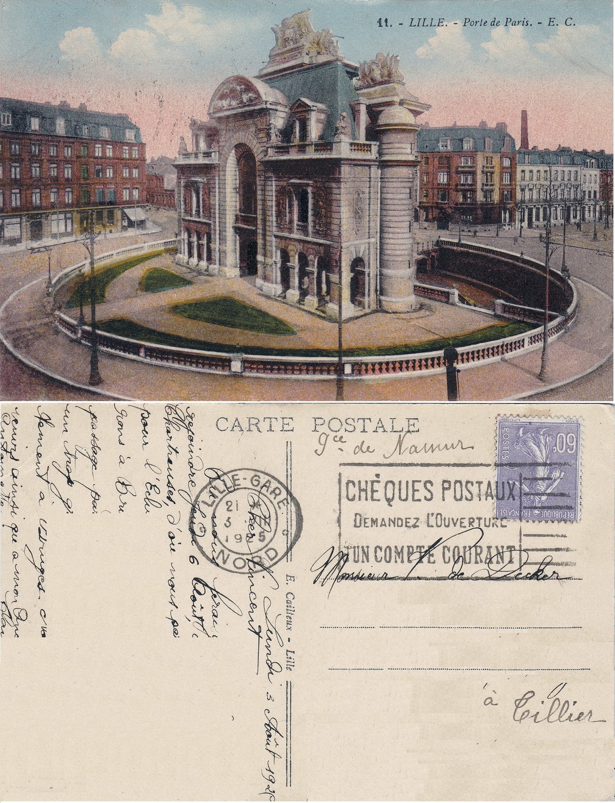 Porte de Paris monument in Lille, France with surrounding cityscape