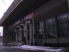 Exterior view of Ice Palace CSKA in Moscow with blue and white architectural design