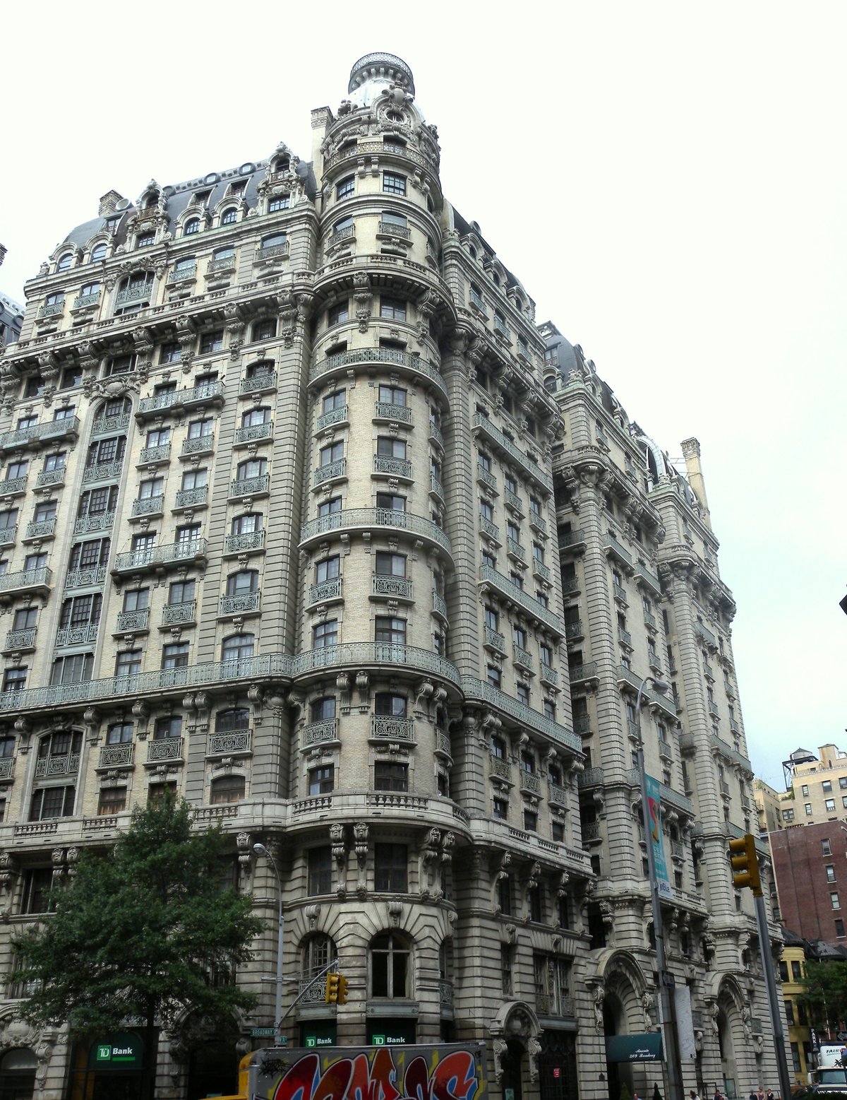 The Ansonia apartment building viewed from across Broadway on a cloudy day