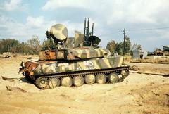 Right rear view of Soviet ZSU-23-4 quad 23mm self-propelled anti-aircraft gun with radar scanner mounted on turret
