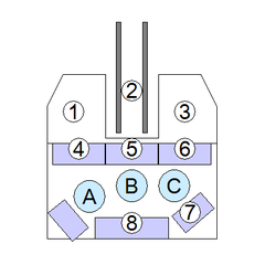 Schematic layout of the turret 2A10 of anti-aircraft self-propelled gun 23/4 showing commander seat, radio operator positions, ammunition bunkers, weapon system AZP-23-4, computing device 2A7, panoramic and distance screens 1RL33, SBZ (MIT) 1RL33, and antenna control units