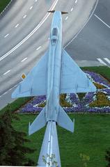 MiG-21 Fishbed jet fighter aircraft propeller air intake in Zhukovsky city Russia