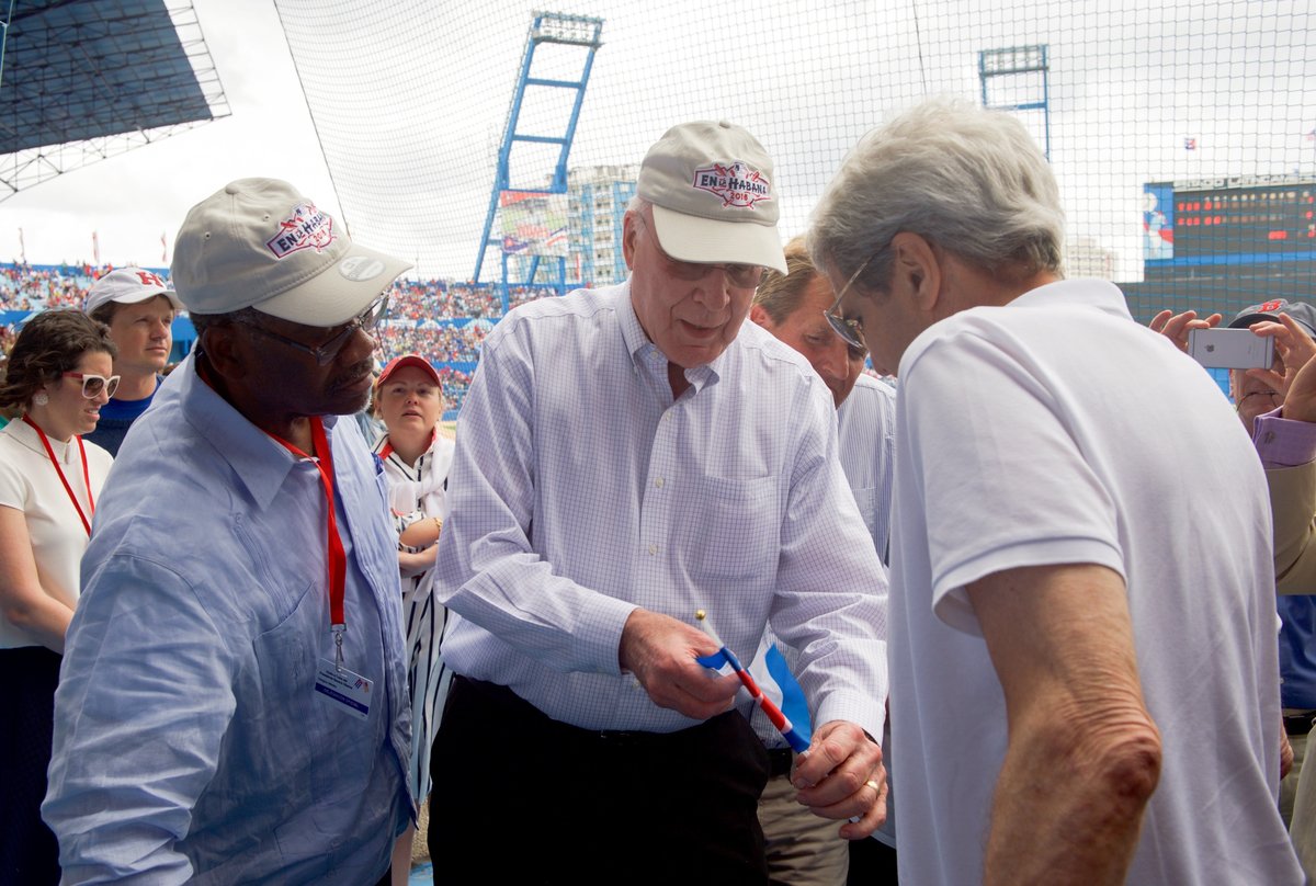 U.S. Secretary of State John Kerry speaking with Senator Patrick Leahy at Estadio Latinoamericano Havana Cuba
