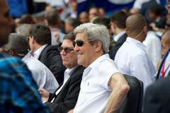 U.S. Secretary of State John Kerry and Cuban Foreign Minister Bruno Rodriguez Parrilla watching a baseball exhibition game at Estadio Latinoamericano in Havana, March 22, 2016