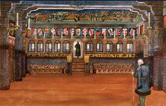 Stage set design for Hamlet at Maly Theatre Moscow with dramatic lighting and classic decor