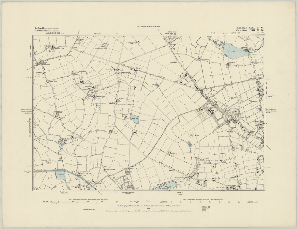 Staffordshire vintage map sheet LXIX.NW surveyed 1882-1883 published 1884