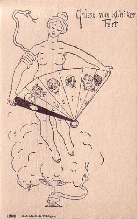 Naked dancer with fans and two snakes emerging like a Djinniya from a glass cocktail bowl with toxic drink