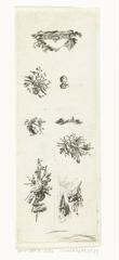 Sheet with eight vignettes including landscapes, a pyramidal tomb monument, a child's head, shields with floral bands, maaiers landscapes, hats and staffs with flowers, arrows and quiver, and a child in a basket watched by the all-seeing eye