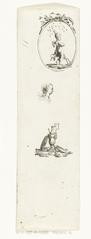 Antique etching sheet with three vignettes: Cupid holding a burning torch attracting flies, a woman's head, and a jug with plates and saucers