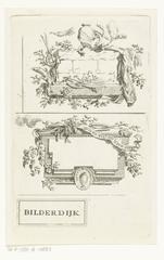 Sheet with three vignettes including the name Bilderdijk, featuring urn, serpents, spade, pickaxe, and torch symbols in an etching style