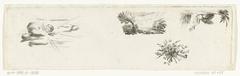 Etching print sheet with four vignettes showing a cherub with sun rays in clouds, a landscape with rising sun, water with flying swan, and a scroll with flowers