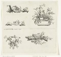 Sheet with five etchings including a farm landscape, soldier with horse, flower basket with lyre, burning torch, and wheat sheaf with musical instrument