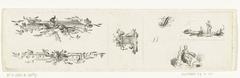 Sheet with five vignettes and monogram JJ featuring architectural ornaments, flowers, a small column with floral motifs, and a landscape with two men and a female personification sitting on a cloud holding lilies and a sheaf of corn