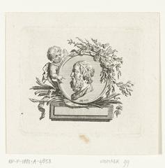 Portrait bust of Homerus on a medallion held by a cherub, decorated with flowers and palm branches