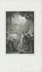Allegorical illustration depicting the death of Willem Bilderdijk on his deathbed, surrounded by allegorical female figures and heavenly light, steel engraving from 1832