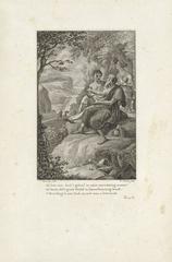 Mountain landscape with two men engaged in a conversation, historic etching by Reinier Vinkeles after Jacques Kuyper, 1807