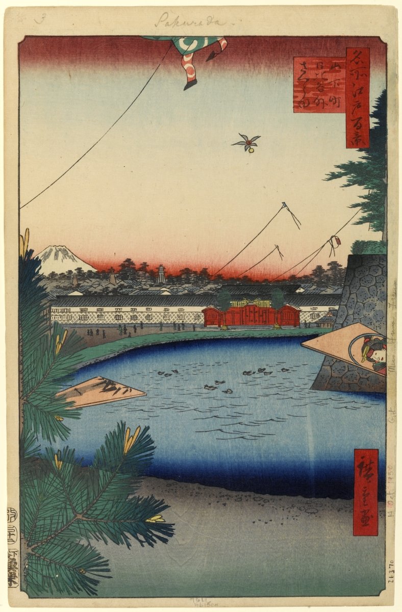 Spring scene from One Hundred Famous Views of Edo no. 003 showing traditional Japanese buildings and cherry blossoms