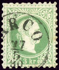 Austrian KK 3 kreuzer postage stamp from 1874 canceled in Arco, South Tyrol, Italy in 1880