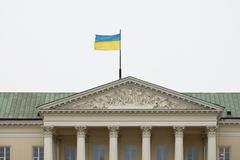 Ukrainian flag displayed at Warsaw City Hall as a gesture of solidarity with Ukraine