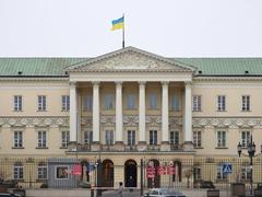 Ukrainian flag displayed at Warsaw City Hall in solidarity with Ukraine