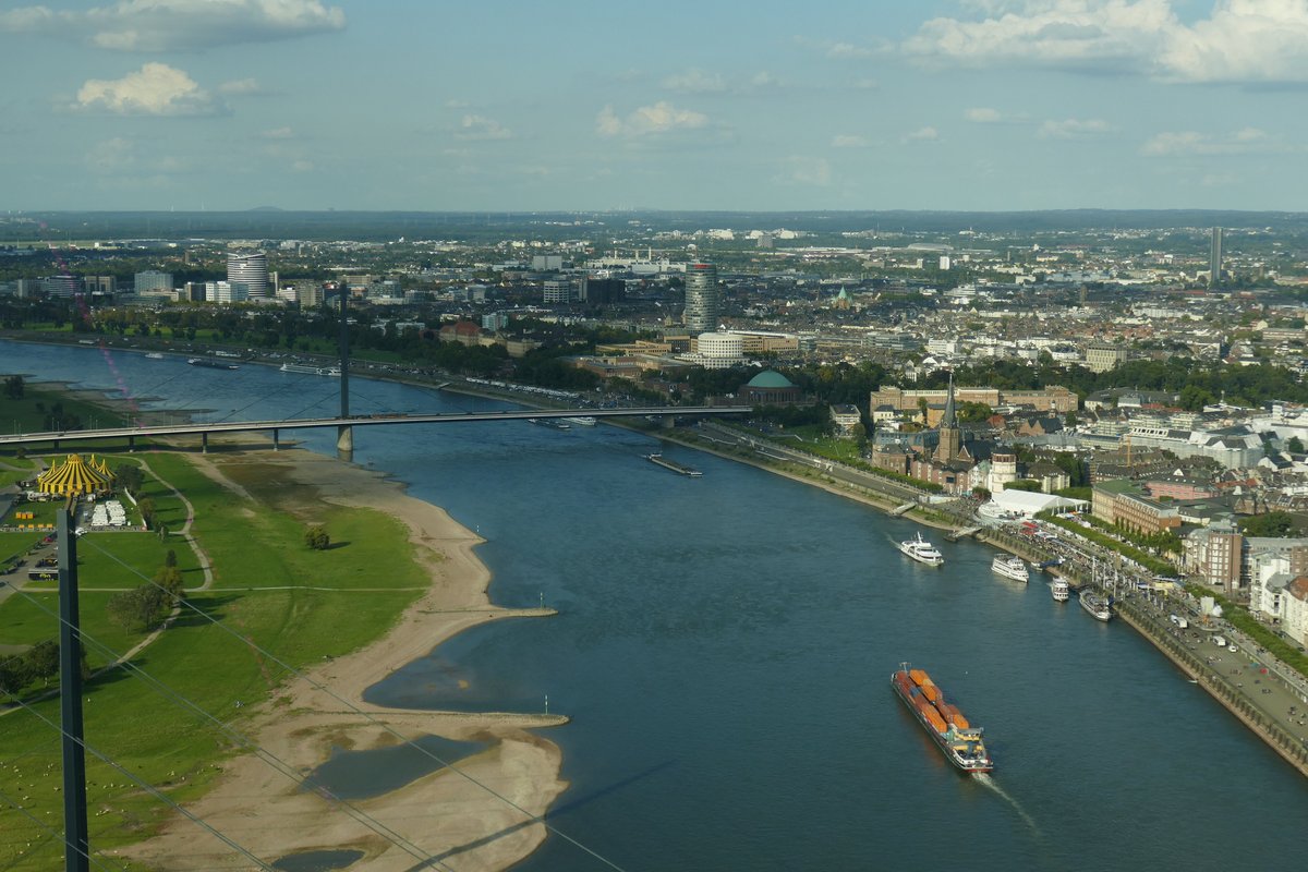 Panoramic view of Düsseldorf city skyline including Rheinturm tower on a clear day