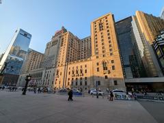 North entrance to Toronto's Union Station with steps and people walking