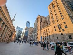 North entrance to Toronto's Union Station building with people walking in front